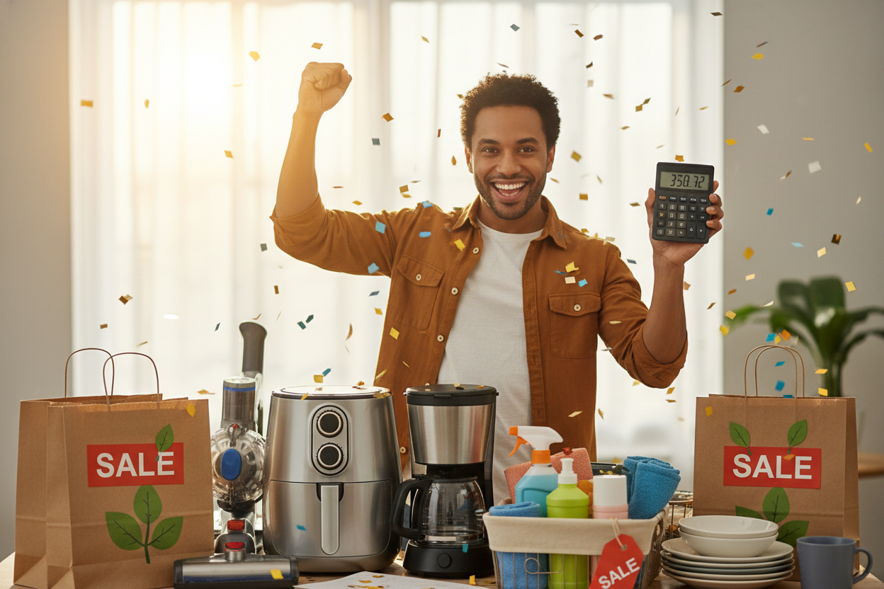 a person looking very accomplished because the saves in small appliances and other household items. it is a win.